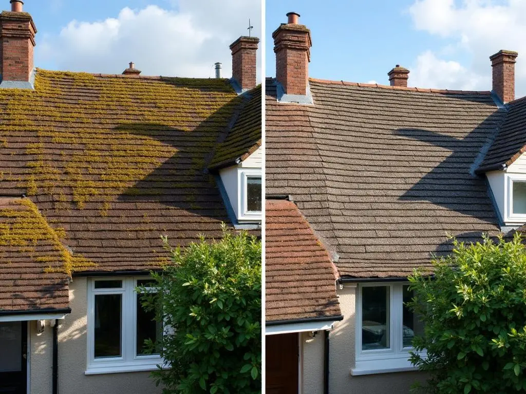 moss removal roof London ground sheeting laid out to protect the garden during cleaning