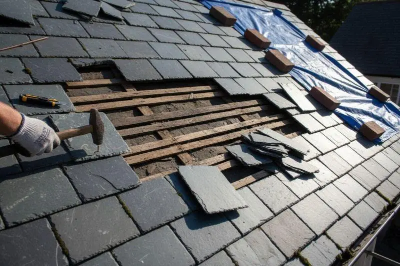 slate roof repair London worker fitting a new Welsh slate into place